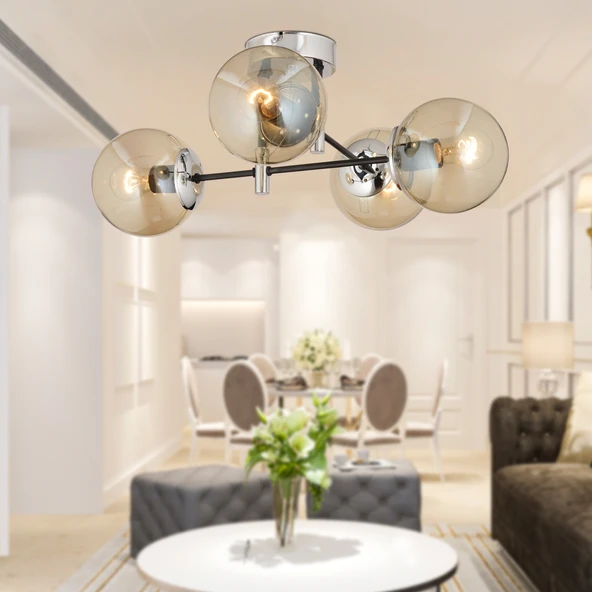 Maral 4Lü Siyah Krom Bal Camlı Modern Koridor Mutfak Salon Retro Avize ürün görseli 1