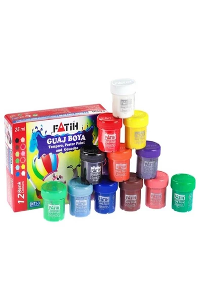 Guaj Boya 12 Renk 25 ml 1 Paket Fatih Guaj Boya Seti 12 li Su Bazlı Şişe İçerisinde Okul Resim ürün görseli 1