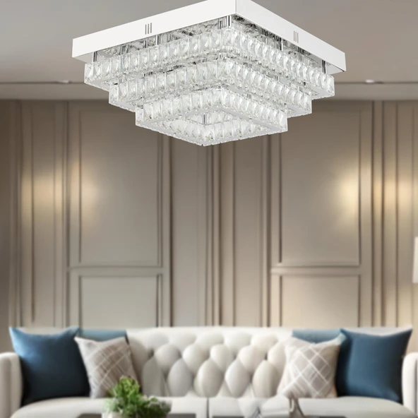 Modina 3 Katlı Krom Ledli 3 Renkli 120 Watt Kristalli Taşlı Modern Tasarım Led  Kristal Salon Avize ürün görseli 1