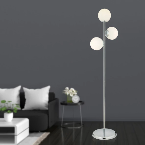 Zambak 3 Lü Krom Beyaz Camlı Modern Dekoratif Tasarım Metal Lambader ürün görseli 1