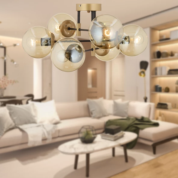 Maral 6Lı Siyah Eskitme Bal Camlı Modern Genç Odası Yatak Odası Retro Salon Avize ürün görseli 1
