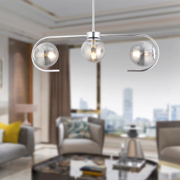 Diaspor 3lü Sıralı Krom Füme Camlı Modern Sarkıt Genç Odası Yatak odası Retro Salon Avize ürün görseli 1