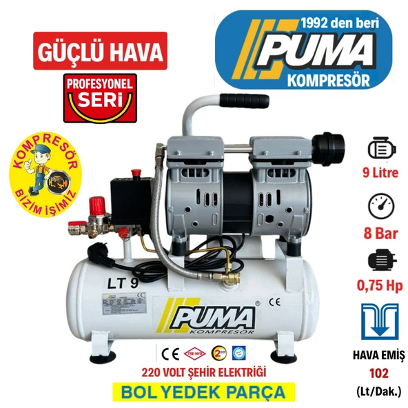 PUMA Sessiz Ve Yağsız 9 Litre. 0,75 Hp. 220 Volt. 8 Bar. Pistonlu Kompresör ürün görseli 1