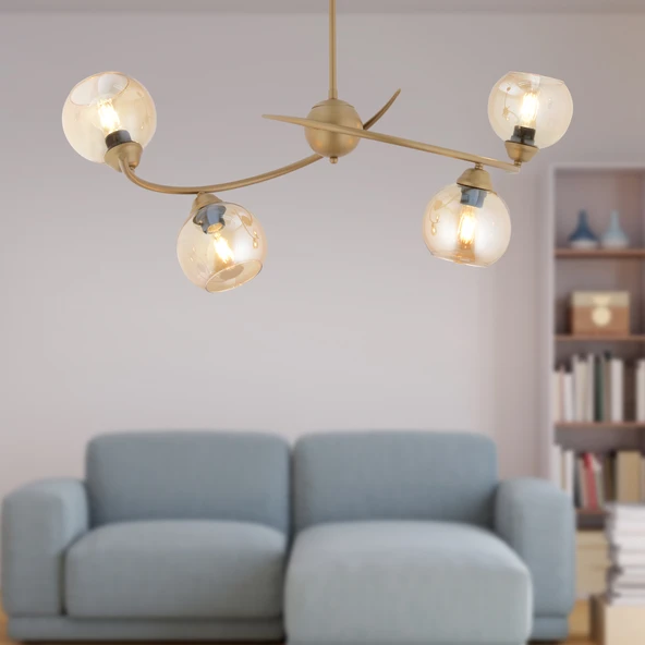 Pireal 4'lü Sıralı Eskitme Bal Camlı Modern Oturma Odası Salon Avize ürün görseli 1
