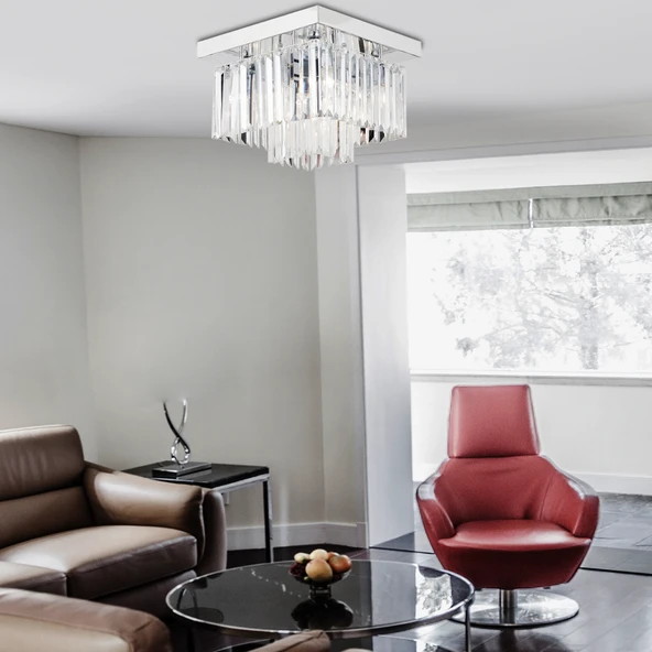 Nilüfer 2 Katlı Küçük Krom Kaplama Kare Kristalli Taşlı Modern Tasarım Kristal Salon Avize ürün görseli 1