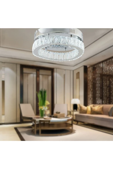 Apliqa Ardenia Tekli Krom Ledli 3 Renkli  Kristalli Taşlı Modern Tasarım Led Kristal Salon Avize ürün görseli 1