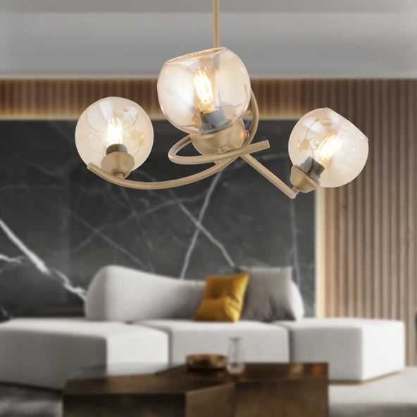 Pireal 3'lü Yuvarlak Eskitme Bal Camlı Modern Oturma Odası Salon Avize ürün görseli 1