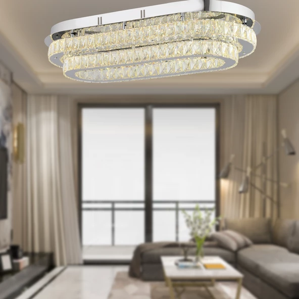 Apliqa Valeria 2 Katlı Elips Plafonyer Elips Ledli 3 Renkli  Kristalli Taşlı Modern Tasarım Led Kristal Salon Avize ürün görseli 1