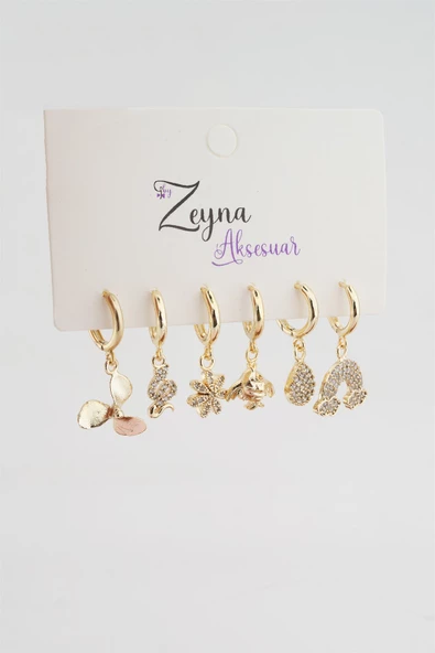 Kadın Karışık Figürlü Zirkon  6'lı Set Küpe ürün görseli 1
