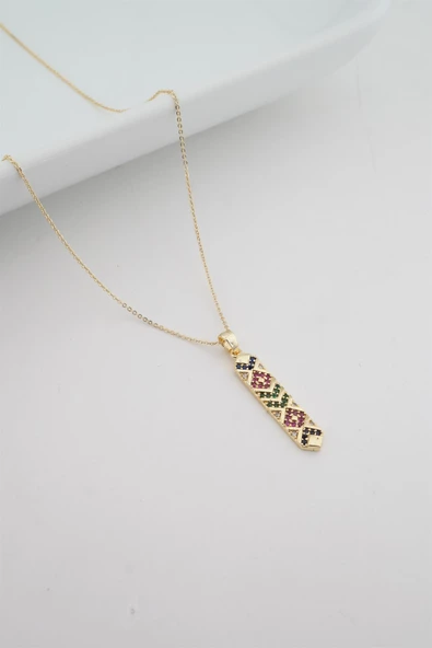 Kadın Renkli Vintage :Kilim Desenli Zirkon Taşlı Kolye ürün görseli 1
