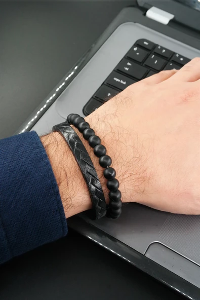 Erkek Hakiki Örme Deri  Kombin 2'li Bileklik  Manyetik Klipsli ürün görseli 1