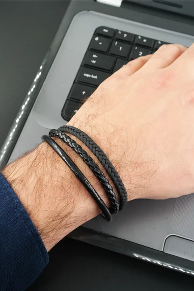 Erkek Hakiki Örme Deri  Kombin 3'lü Bileklik  Manyetik Klipsli ürün görseli 1
