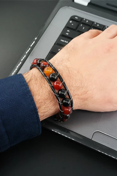 Erkek Hakiki Deri 10mm Doğal Taşlı Bileklik  Manyetik Klipsli ürün görseli 1