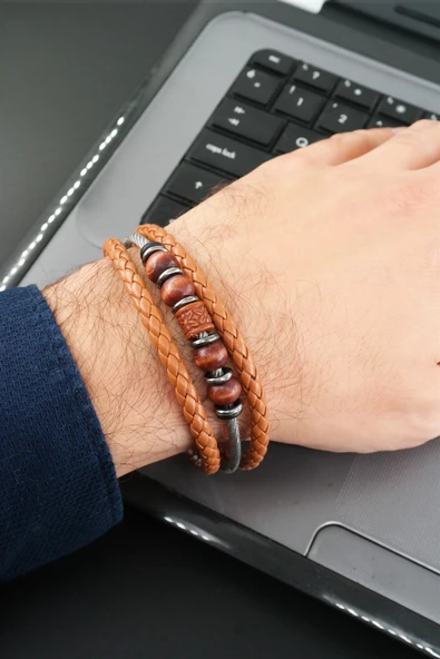 Erkek Hakiki Örme Deri  Kombin 3'lü Bileklik  Manyetik Klipsli ürün görseli 1