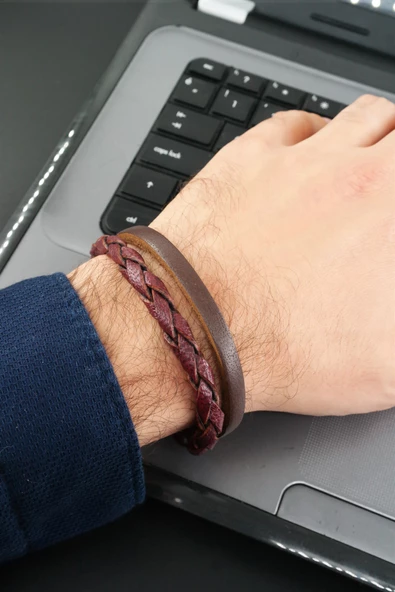 Erkek Hakiki Örme Deri Kombin 2'li Bileklik  Manyetik Klipsli ürün görseli 1