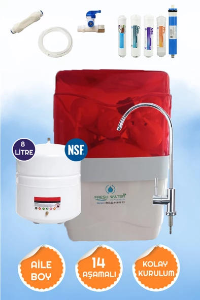 Fresh Water Şeffaf  Kırmızı Beyaz  14 Aşamalı 8 Lt Çelik Tank 5 FİLtreli Yüksek Mineralli Pompasız Su Arıtma Cihazı ürün görseli 1
