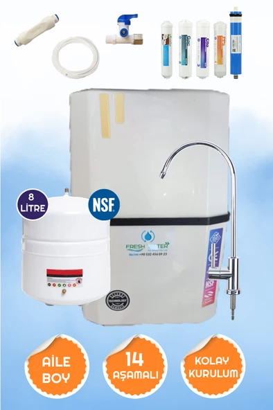 Fresh Water  Beyaz Siyah Kuşaklı 14 Aşamalı 8 LT  Çelik Tanklı 5 Filtreli Yüksek Mineralli Pompasız Su Arıtma Cihazı ürün görseli 1