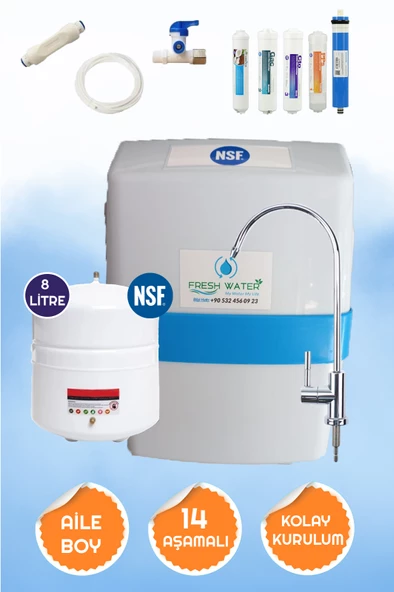 Fresh Water  Beyaz Mavi Kuşaklı Şık Tasarım 14 Aşamalı 8 Lt Çelik Tank 5 FİLtreli Yüksek Mineralli Pompasız Su Arıtma Cihazı ürün görseli 1