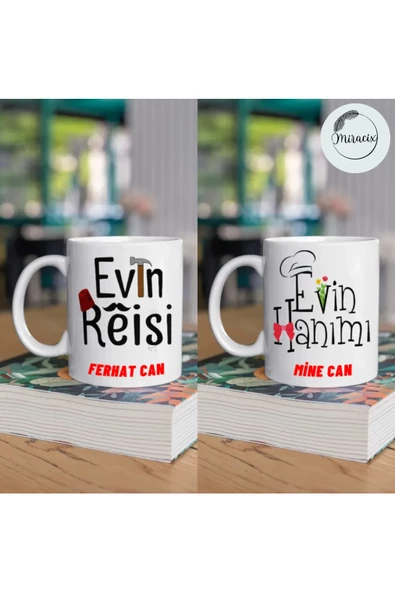 Kişiye Özel Evin Reisi,Evin Hanımı Baskılı 2'li Kupa Bardak Hediyelik ürün görseli 1