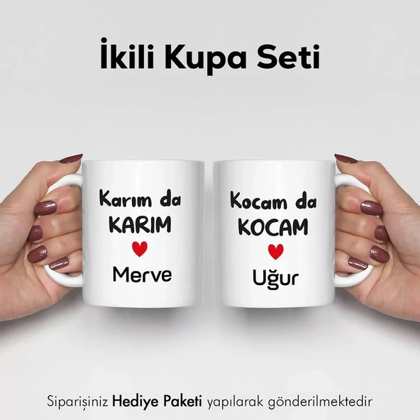Kişiye Özel Kocamda Kocam Karımda Karım Fotoğraflı İsimli 2'li Kupa Bardak ürün görseli 1