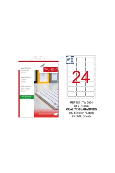 Tanex TW-2024 Hazır Etiket A4 64x34 mm Lazer Etiket 100 Adet ürün görseli 1