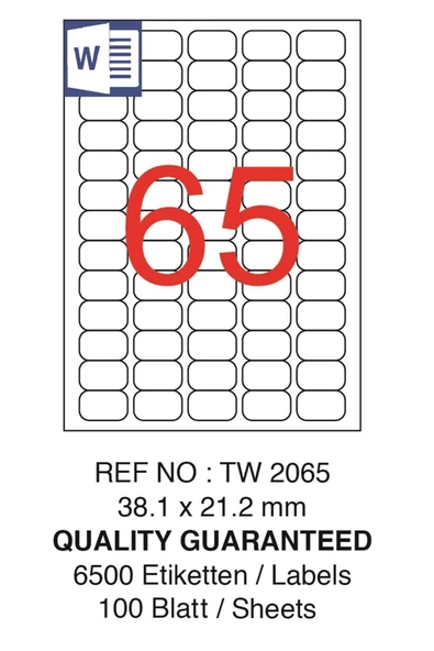 Tanex TW-2065 Hazır Etiket A4 38.1x21.2 mm Lazer Etiket 100 Adet ürün görseli 1