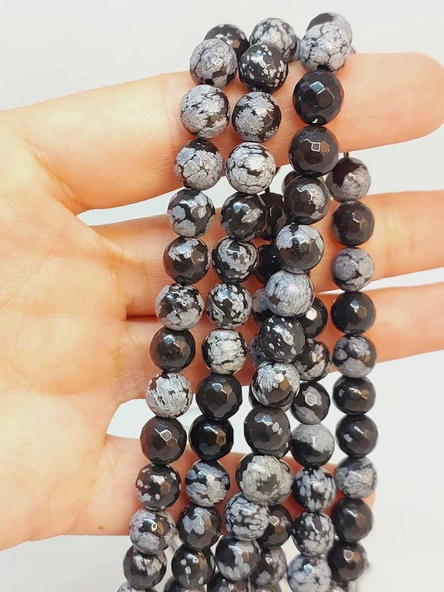 Bileklik Boy Kar Tanesi Obsidyen Taşı Faset Kesim Yarım Dizi 10mm (18CM UZUNLUĞUNDADIR) ürün görseli 1