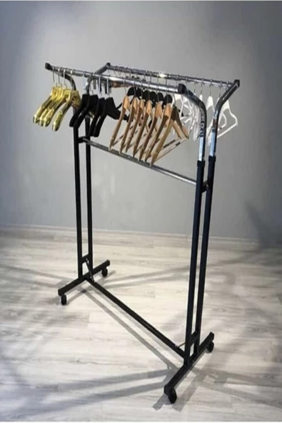 V Ayarlı Paslanmaz 125 Cm En Metal Konfeksiyon Elbise Askılık Tekerlekli Portatif Eşek Vitrin Raf ürün görseli 1