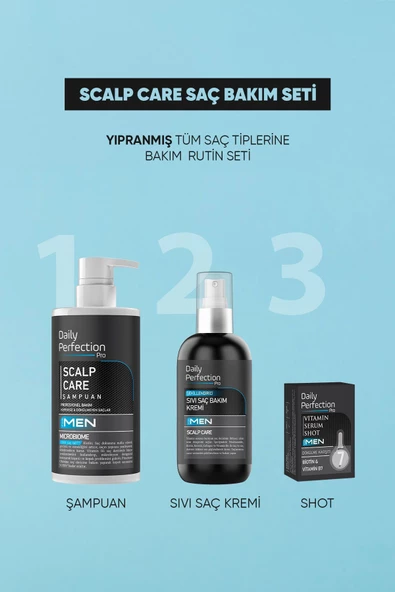 DAILY PERFECTION PRO Scalp Care Saç Bakım Seti Erkeklere Özel (Şampuan-Şekillendirici Sıvı Saç Bakım Kremi-Vitamin Shot) ürün görseli 1