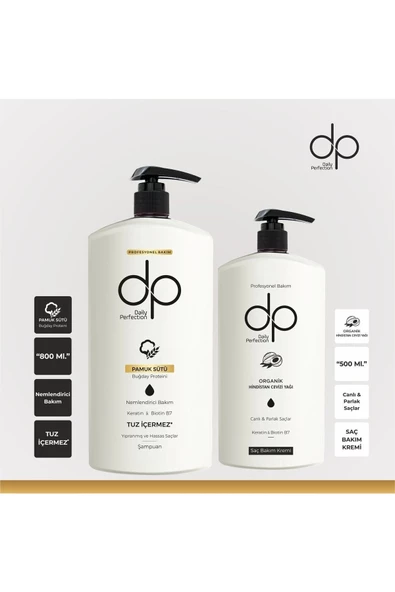 DP DAİLY PERFECTİON,, 1 Adet Pamuk Sütü Buğday Proteini Şampuan(800 ML) 1 Adet Saç Kremi Hindistan Cevizi(500 ML) Set ürün görseli 1