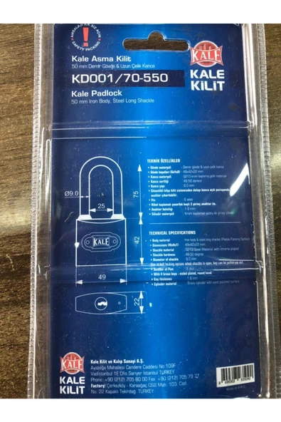 Kale Uzun Asma Kilit Gri 50mm - Resim 2