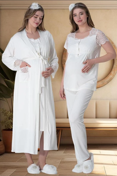 Mecit 6065 Bayan Hamile Lohusa Ekru Sabahlıklı Gecelik Pijama Set ürün görseli 1