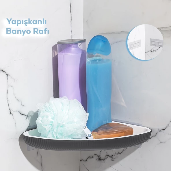 Porsima 0447 İstiridye Banyo Köşe Rafı - Paslanmaz Yapışkanlı Duş Rafı Banyo Düzenleyici Organizer - Antrasit ürün görseli 1