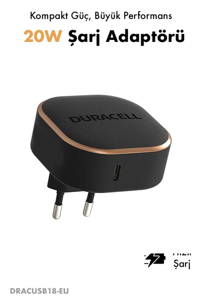 Duracell 20W USB-C PD Seyahat Şarj Adaptörü / iPhone Android Uyumlu Hızlı Şarj Cihazı Siyah ürün görseli 1