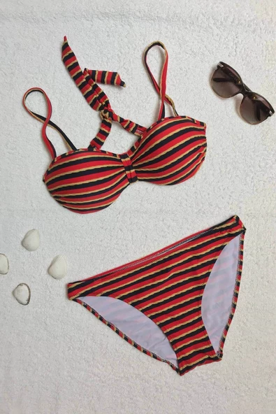 Dagi Straplez Destekli Push-Up Çizgili Kırmızı Bikini Takımı ürün görseli 1