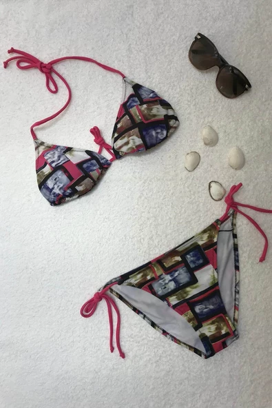 Dagi Desenli Pembe Boyundan Bağlı Üçgen Bikini Takımı ürün görseli 1