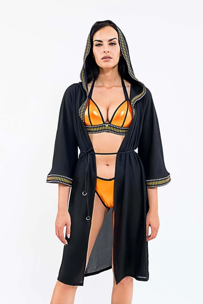 MED Maroco Kapüşonlu Pareo Kimono Siyah ürün görseli 1