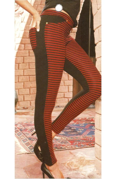 Mad Women Kadın %60 Pamuklu ( Cotton ) Arka Cepli & Ekstra Dayanıklı Uzun Siyah Tayt - Kırmızı Çizgili ürün görseli 1