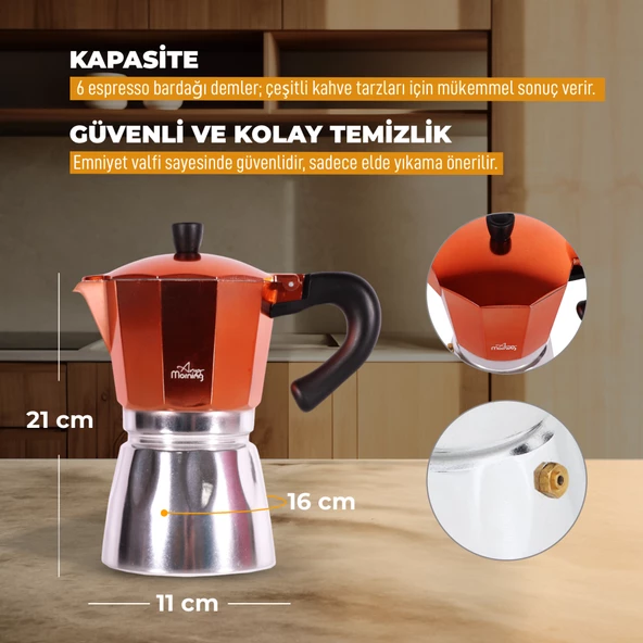Any Morning Hes-6 Espresso Kahve Makinesi Alüminyum Moka Pot 240 Ml Bakır ürün görseli 1