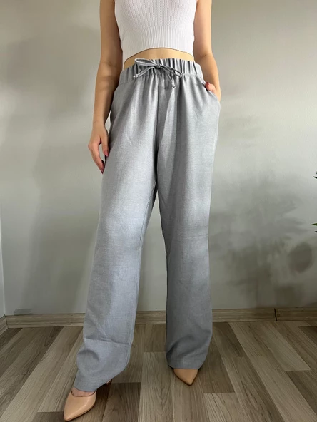 Kadın Gri Keten Karışımlı Bol Kesim Pantolon ürün görseli 1