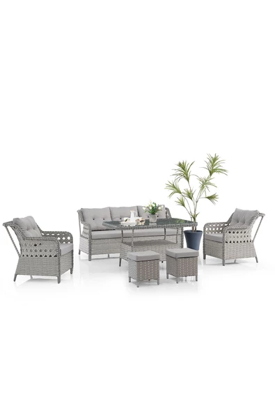 Evdemo Deniz Rattan Puflu Bahçe Balkon Takımı 3+1+1 Gri ürün görseli 1