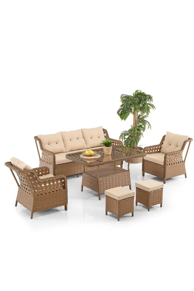 Evdemo Deniz Rattan Puflu Bahçe Balkon Takımı 3+1+1 Kahve ürün görseli 1