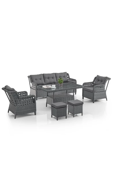 Evdemo Deniz Rattan Puflu Bahçe Balkon Takımı 3+1+1 Antrasit ürün görseli 1