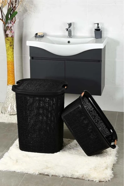 Woow Siyah Ahşap Saplı Kirli Sepeti Ve Çamaşır Sepeti Seti - Banyo Seti ürün görseli 1