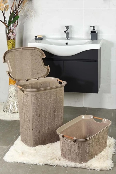 Woow Kahve Kirli Sepeti Ve Çamaşır Sepeti Seti - Ahşap Saplı Banyo Seti ürün görseli 1