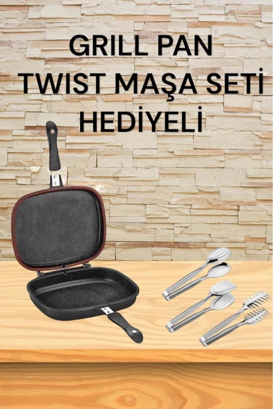 Kare Double Grıll Pan 34 Cm Kare Çift Taraflı Tava Twıst 3 Parça Maşa Seti ürün görseli 1