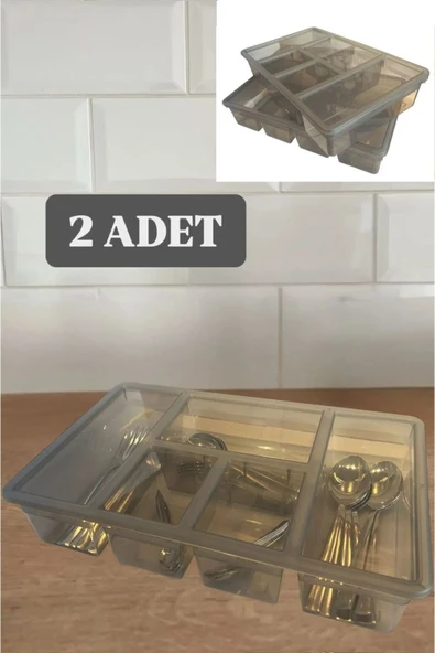 2 Adet Füme Luna 5 Bölmeli Çekmece İçi Düzenleyici, Kapaklı Kaşık,Çatal,Bıçak Düzenleyici, ürün görseli 1