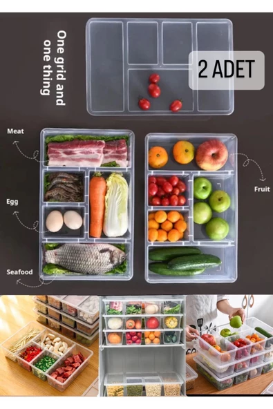 2 Adet Luna Kapaklı 5 Bölmeli Buzdolabı Düzenleyici Sebzelik - Et Balık Sebze Organizer ürün görseli 1