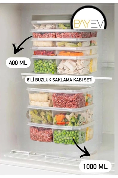 8 Li Set 4 4 Buzdolabı Et Kıyma Sebze Saklama Kabı Bölmeli Buzluk Derin Dondurucu Düzenleyici ürün görseli 1