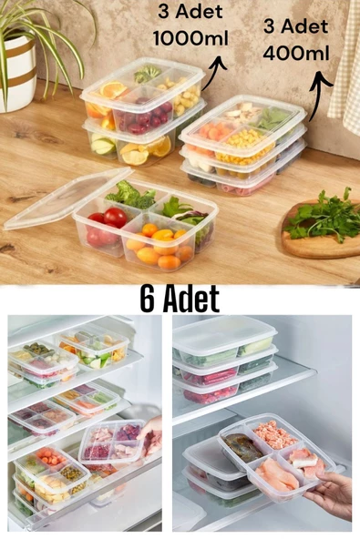 6 Adet 2 Boy 4 Bölmeli Saklama Kabı Seti Öğünlük Et Kıyma Sebze Buzluk Düzenleyici Porsiyonluk ürün görseli 1